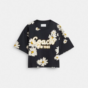 Black Women Coach Floral Cropped Signature Script In Organic Cotton T Shirts | NZ_CH58352