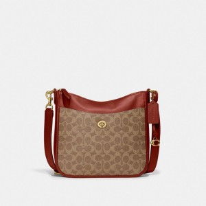 Brown / Red Women Coach Chaise In Signature Canvas Brass Crossbody Bags | NZ_CH14831