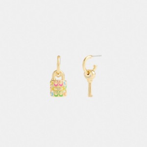 Gold Women Coach Rainbow Quilted Padlock Key Mismatch Earrings | NZ_CH11718