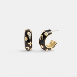 Gold / Black Women Coach Enamel Signature Floral Huggie Earrings | NZ_CH28359