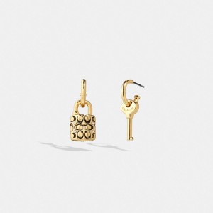 Gold / Black Women Coach Quilted Padlock Key Mismatch Earrings | NZ_CH92004