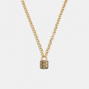 Gold / Black Women Coach Quilted Padlock Chain Necklace | NZ_CH44993