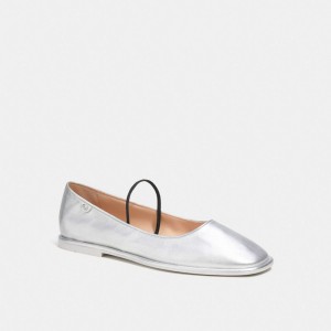 Silver Women Coach Emilia Mary Jane In Metallic Leather Loafers | NZ_CH15244