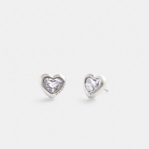 Silver Women Coach Heart Stud & Clear Earrings | NZ_CH35123