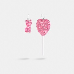 Silver / Pink Women Coach The Lil Nas X Drop Cat And Heart Lollipop Mismatch Earrings | NZ_CH28502