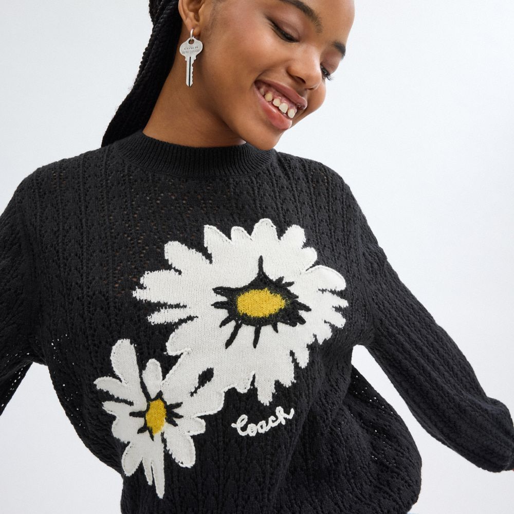 Black Women Coach Floral Crewneck Sweaters | NZ_CH90836