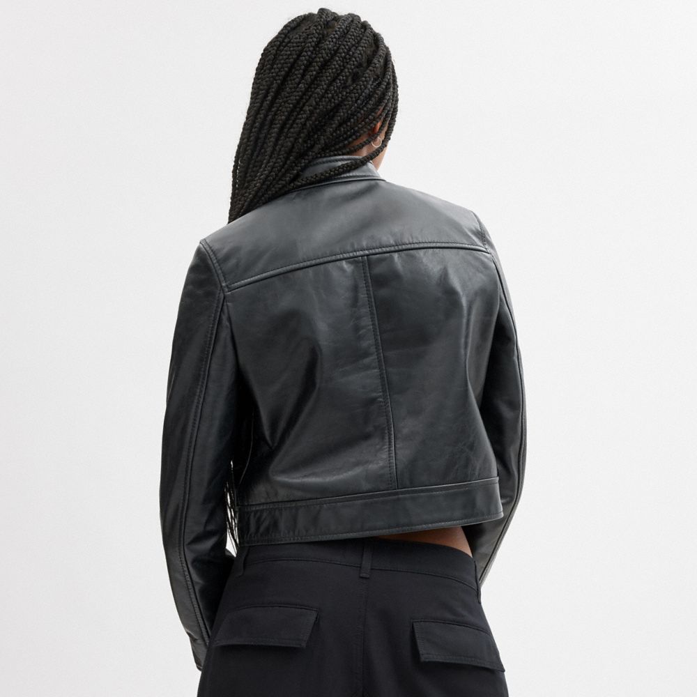 Black Women Coach Leather Racing Jackets | NZ_CH99407