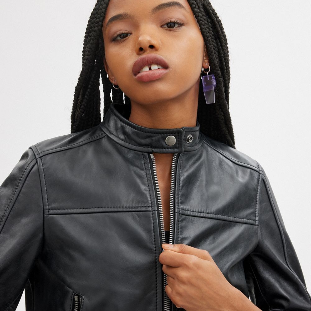 Black Women Coach Leather Racing Jackets | NZ_CH99407