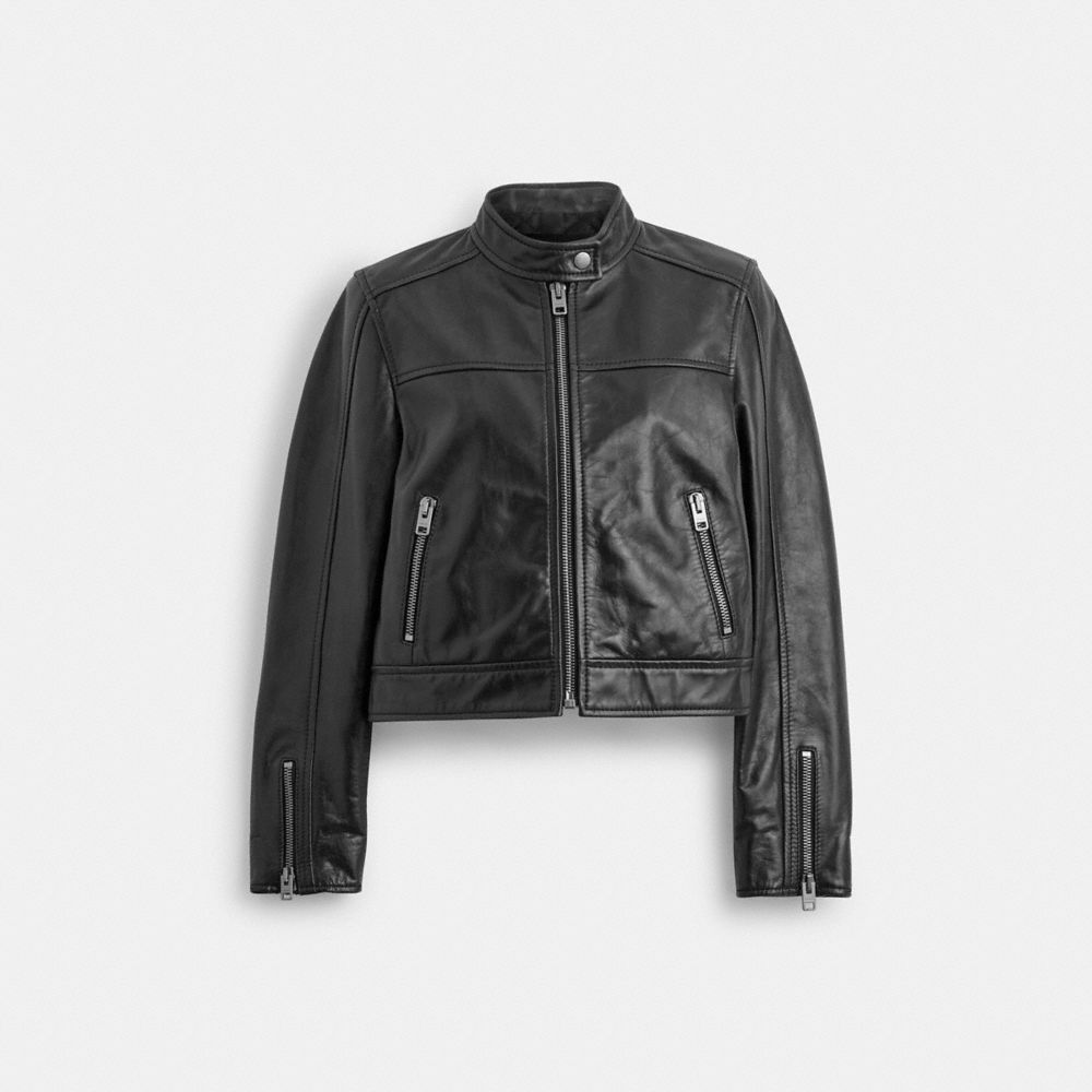 Black Women Coach Leather Racing Jackets | NZ_CH99407