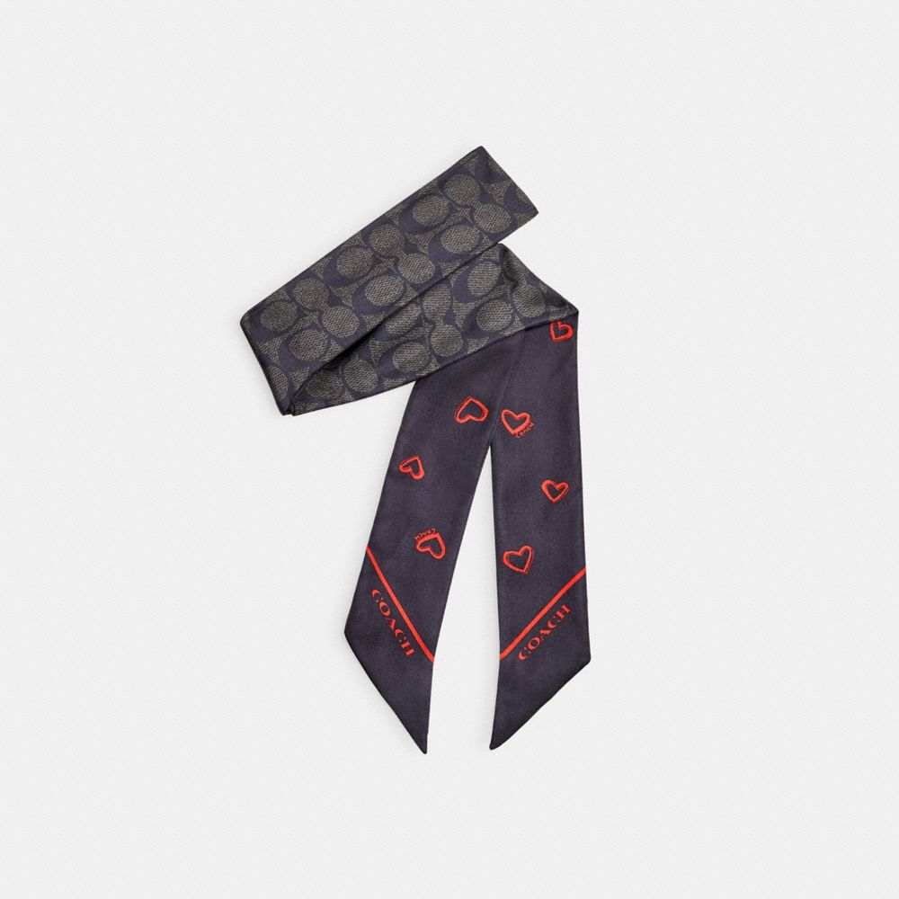 Black / Red Women Coach Hearts Print Silk Skinny Scarf | NZ_CH40724