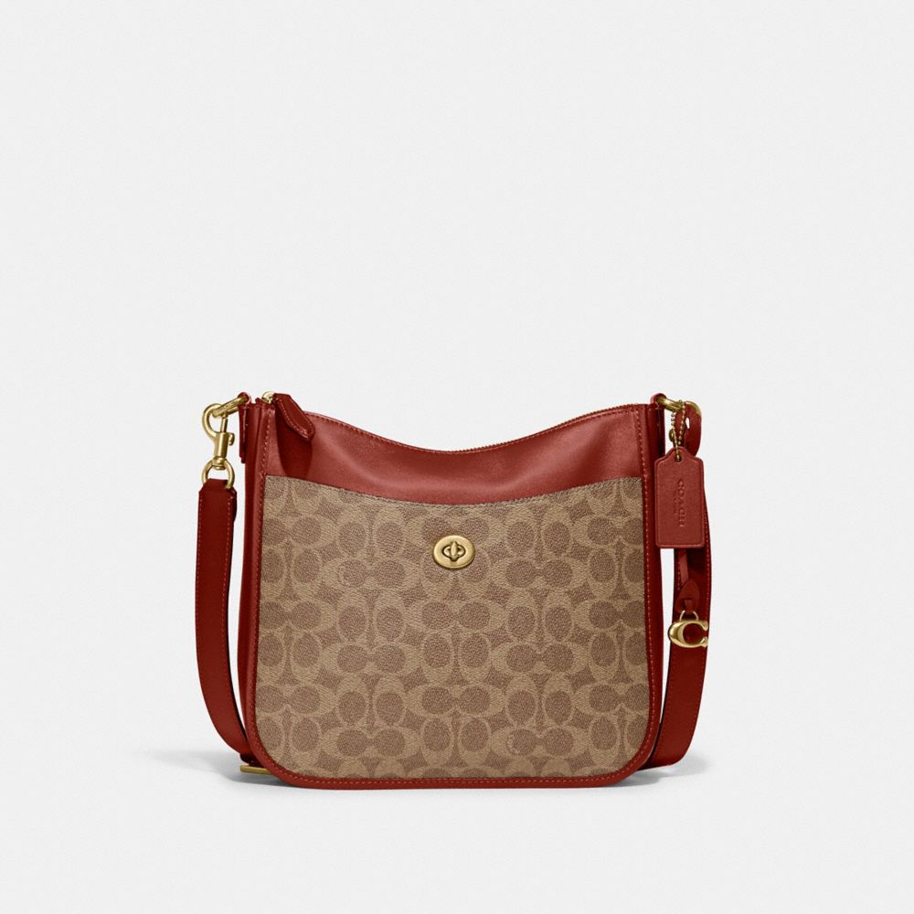 Brown / Red Women Coach Chaise In Signature Canvas Brass Crossbody Bags | NZ_CH14831