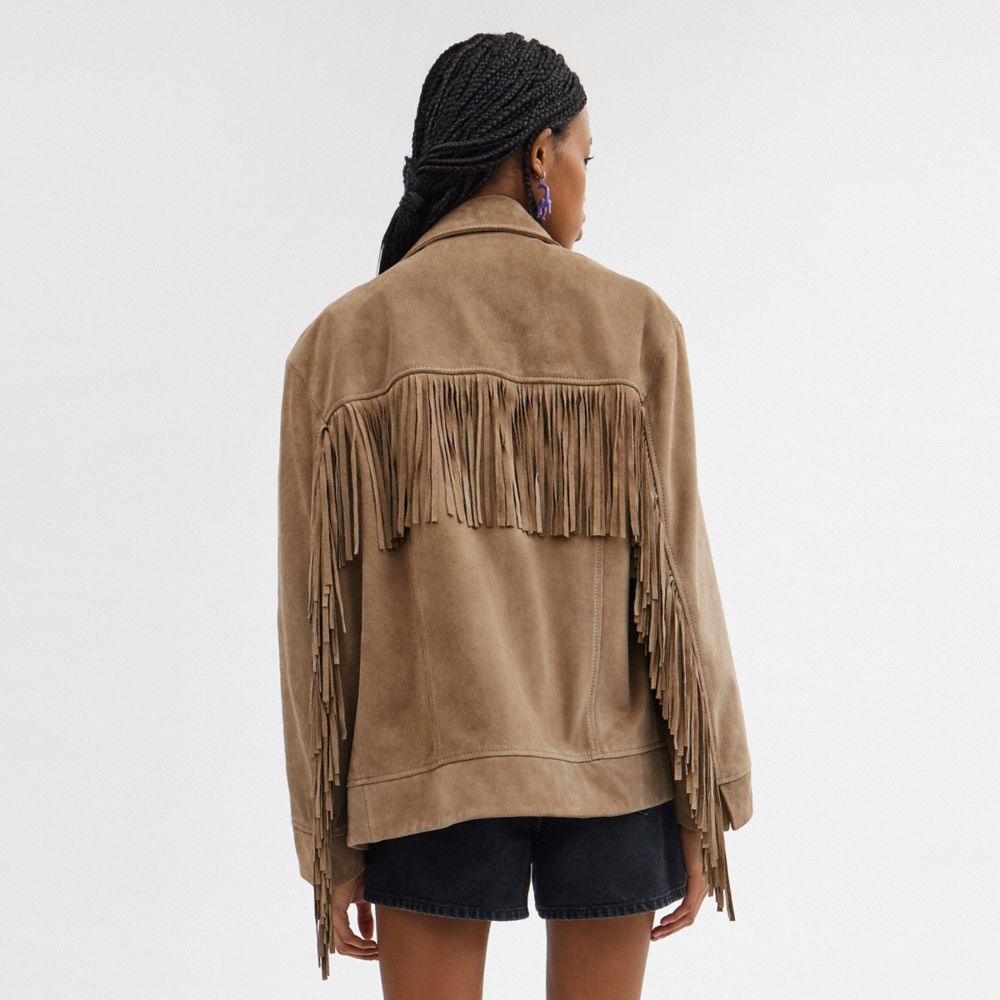 Dark Beige Women Coach Suede Fringe Jackets | NZ_CH33052