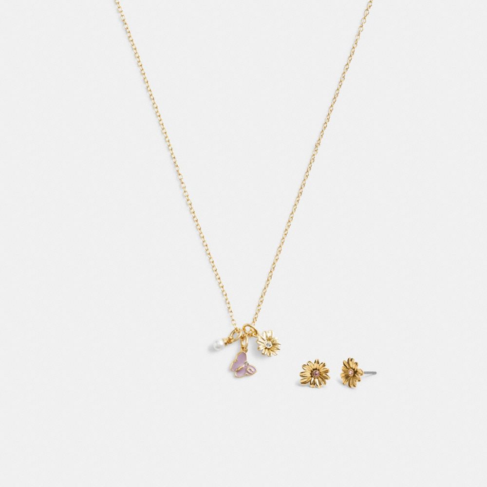 Gold Women Coach Garden Charms Pendant Necklace And Set Earrings | NZ_CH16739