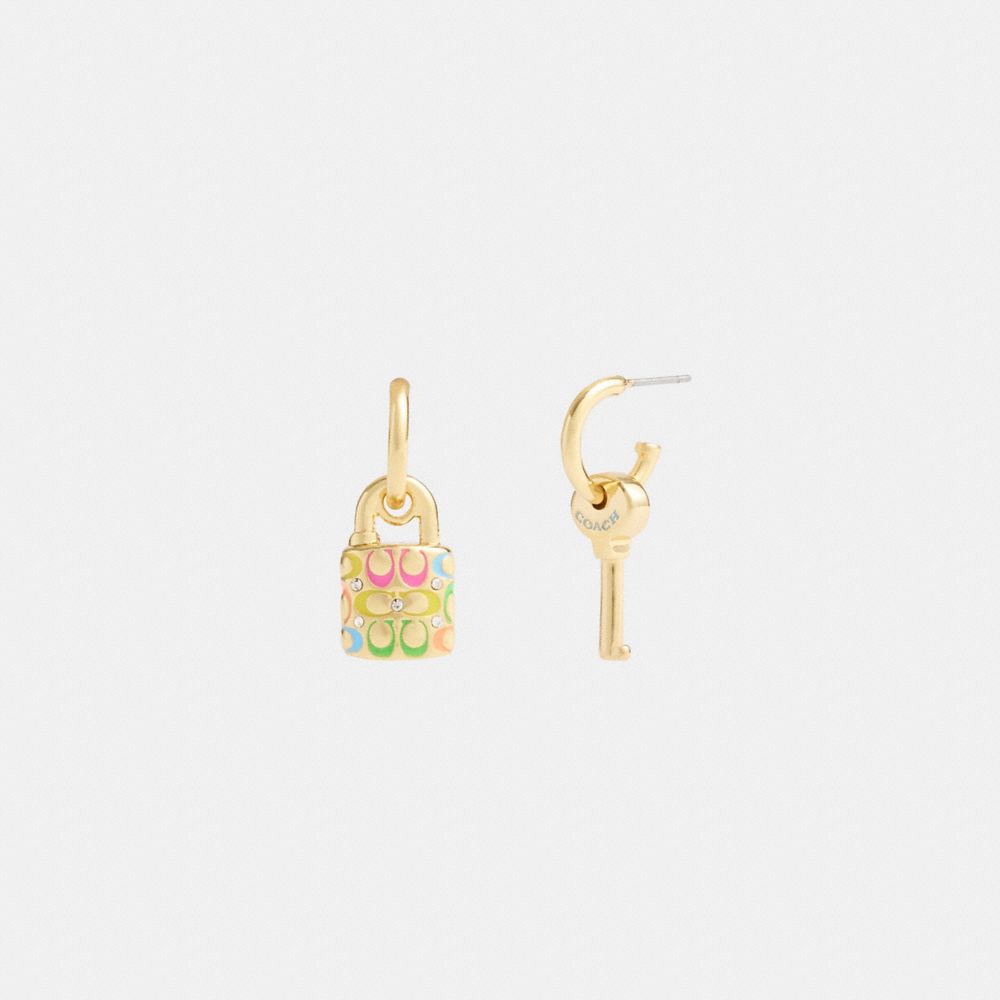 Gold Women Coach Rainbow Quilted Padlock Key Mismatch Earrings | NZ_CH11718