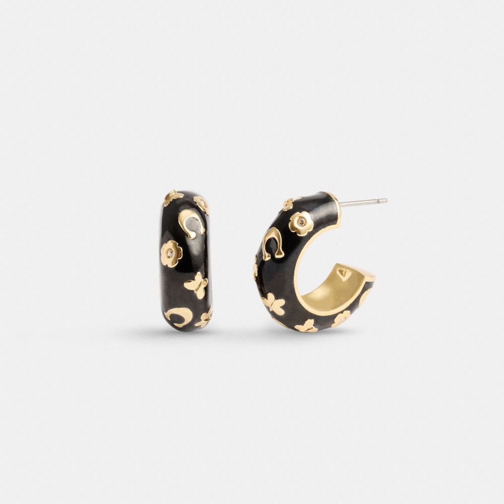 Gold / Black Women Coach Enamel Signature Floral Huggie Earrings | NZ_CH28359