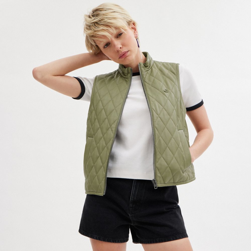 Green Women Coach Leather Quilted Jackets | NZ_CH20925