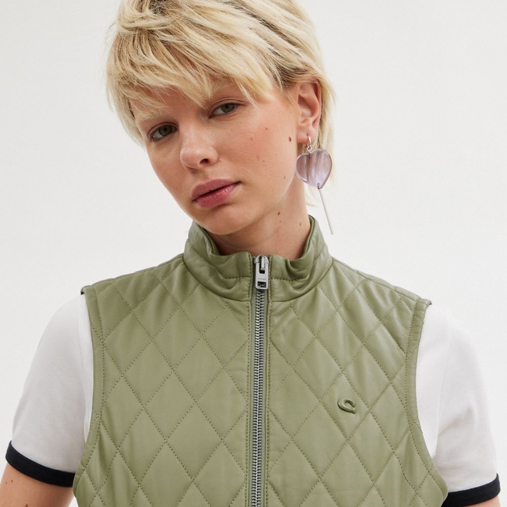 Green Women Coach Leather Quilted Jackets | NZ_CH20925