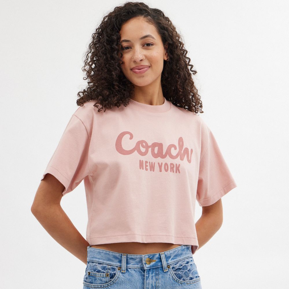 Pink Women Coach Cursive Signature Cropped T Shirts | NZ_CH85772