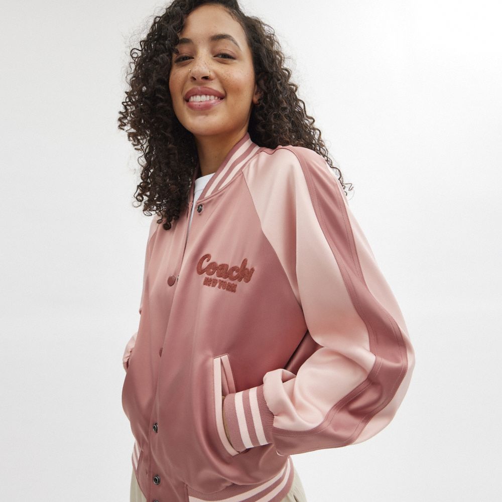 Pink Women Coach Satin Varsity Jackets | NZ_CH26045