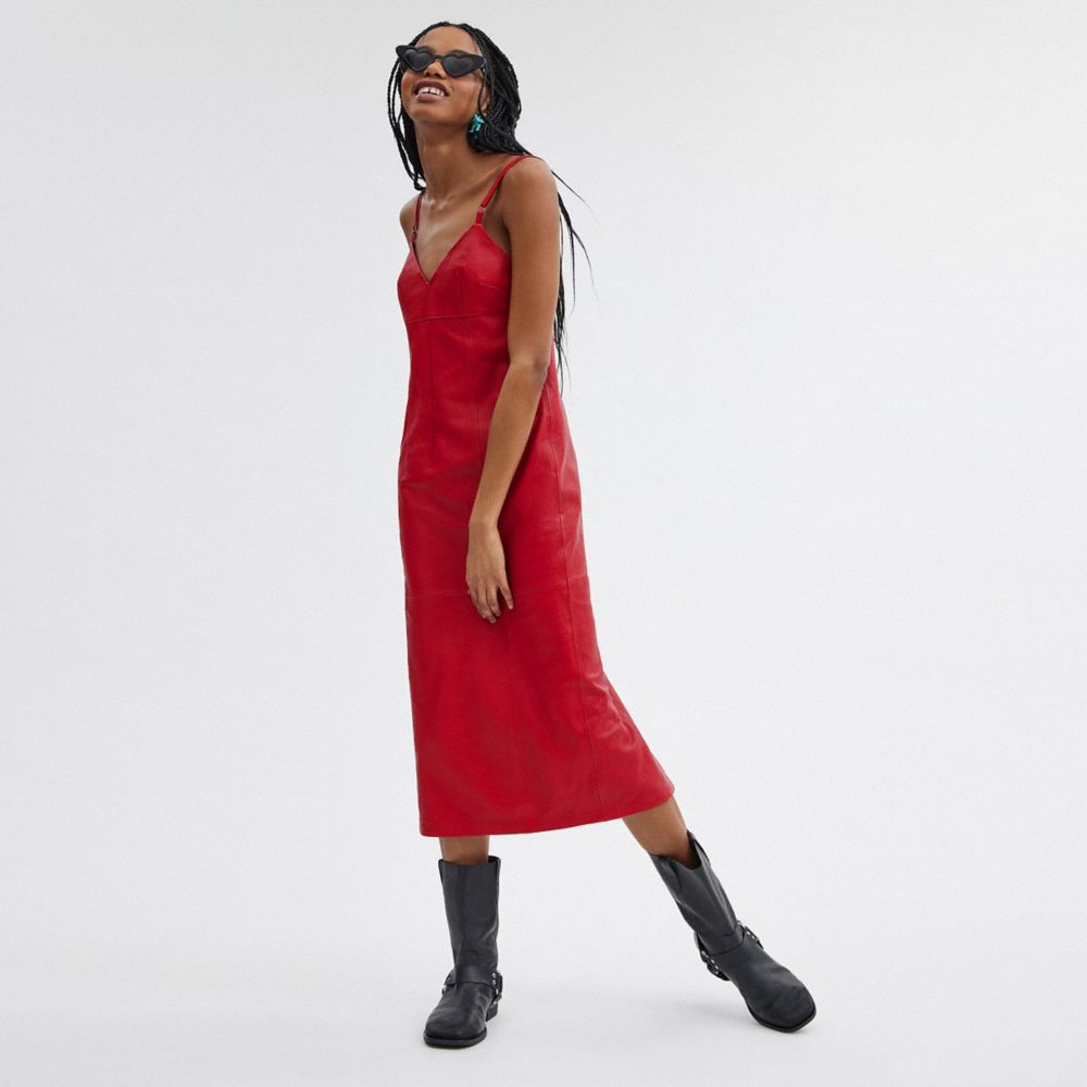 Red Women Coach Long Leather Dress | NZ_CH40155