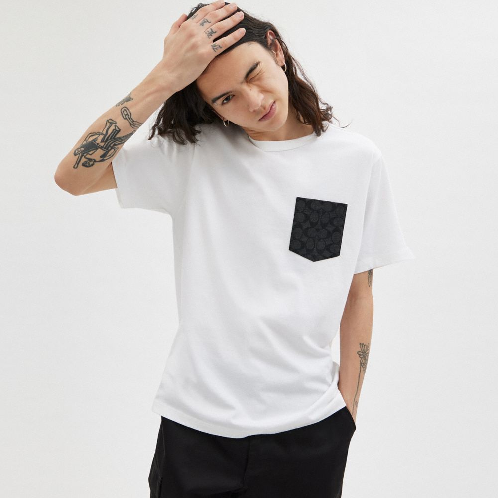 White / Grey Men Coach Essential Pocket T Shirts | NZ_CH24829